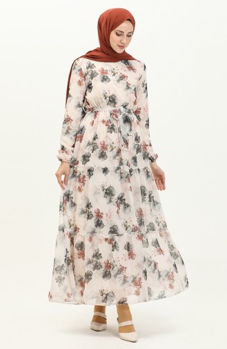 Floral Print Belted Chiffon Dress 91835-04 Cream Black 91835-04