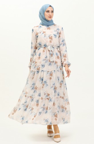 Floral Print Belted Chiffon Dress 91835-05 Cream Blue 91835-05