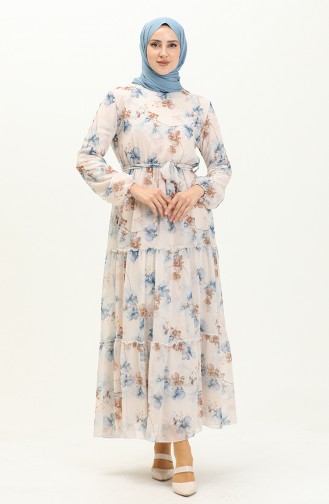 Floral Print Belted Chiffon Dress 91835-05 Cream Blue 91835-05