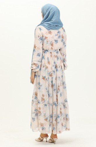 فستان شيفون بنقش أزهار 91835-05 كريمي أزرق 91835-05