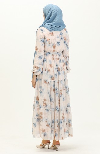 Floral Print Belted Chiffon Dress 91835-05 Cream Blue 91835-05