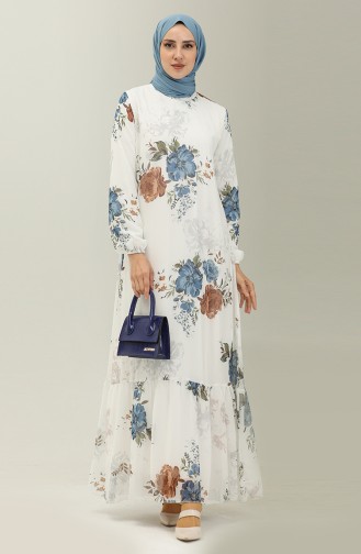 Floral Print Chiffon Dress 91841-01 Ecru Indigo 91841-01