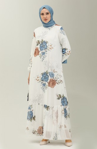 Floral Print Chiffon Dress 91841-01 Ecru Indigo 91841-01