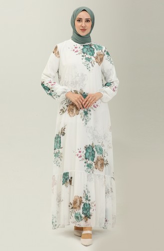 Floral Print Chiffon Dress 91841-02 Ecru Emerald Green 91841-02