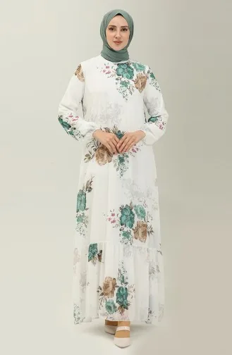 Floral gemustertes Chiffonkleid 91841-02 Ecru Smaragdgrün 91841-02