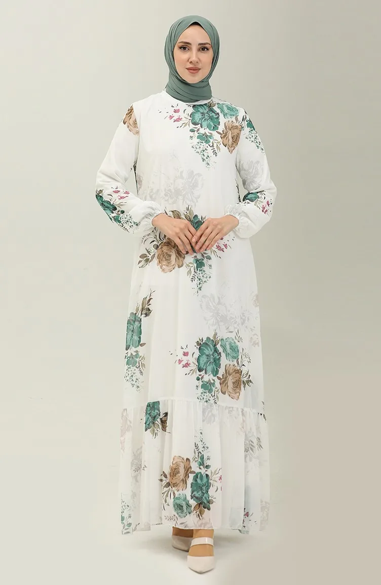 Floral gemustertes Chiffonkleid 91841-02 Ecru Smaragdgrün 91841-02