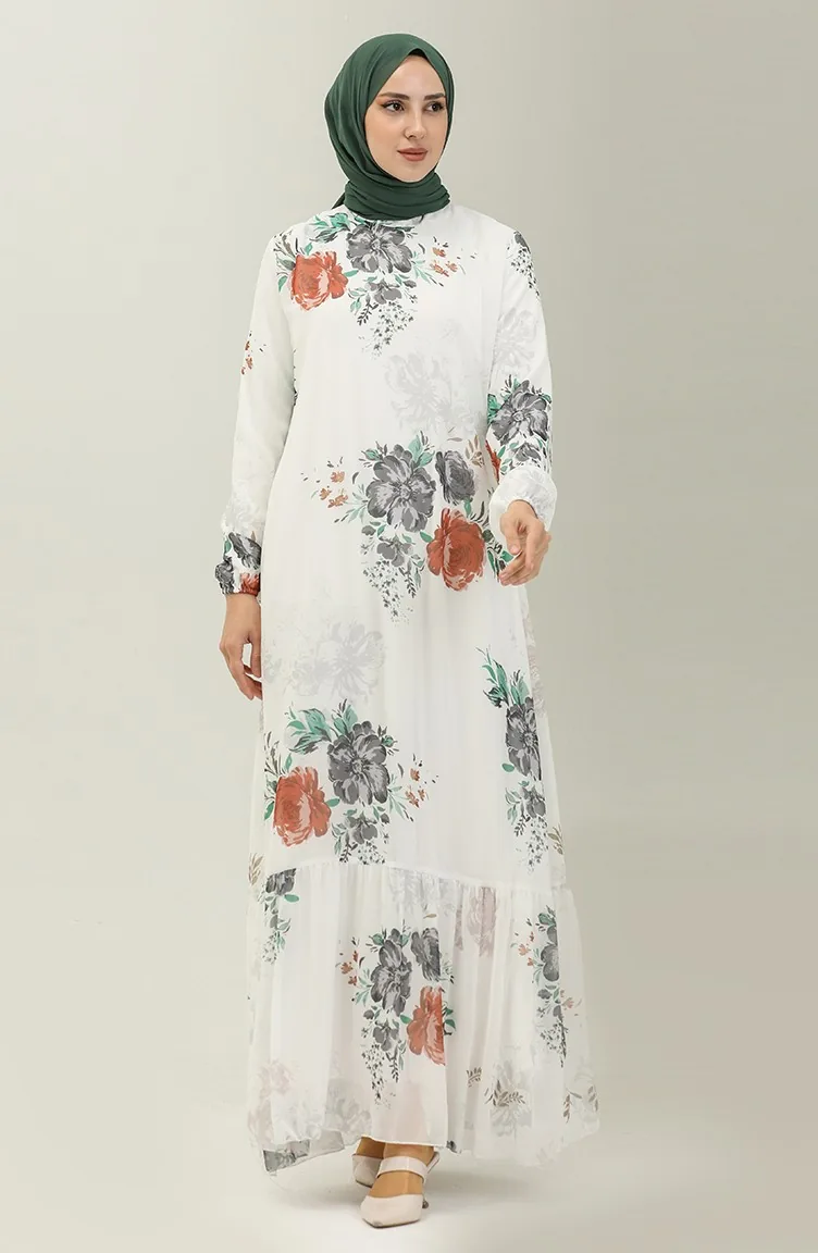 Blumengemustertes Chiffonkleid 91841-03 Ecru Rauchgrau 91841-03