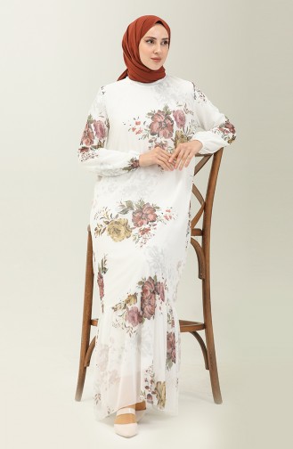 Floral Print Chiffon Dress 91841-04 Ecru Brown 91841-04