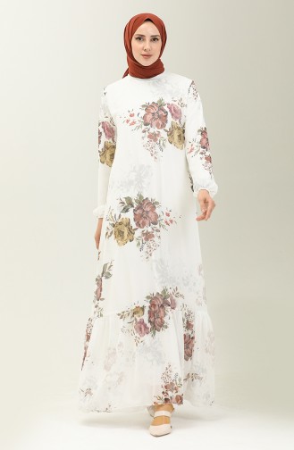 Floral Print Chiffon Dress 91841-04 Ecru Brown 91841-04