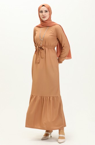 Pleated Belted Necklace Dress 1784-10 Dark Beige 1784-10