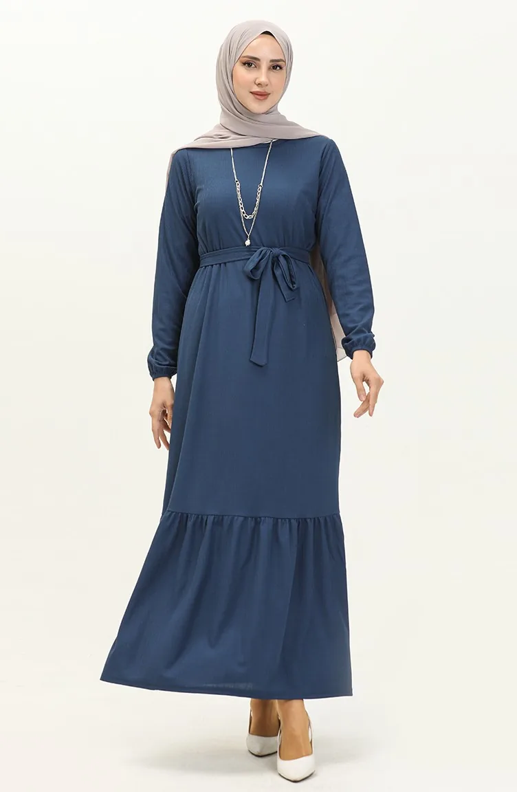 Gerafftes Kleid mit Gürtel und Halskette 1784-12 Dark Indigo 1784-12
