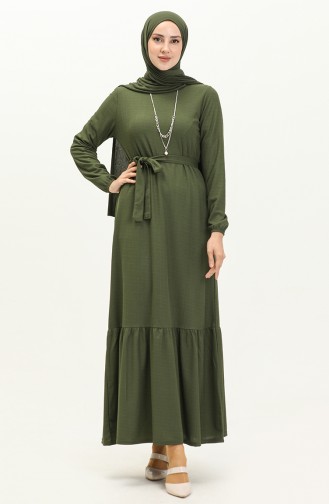 Shirred Belted Necklace Dress 1784-13 Dark Khaki Green 1784-13