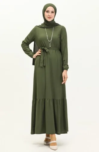 Gerafftes Kleid mit Gürtel und Halskette 1784-13 Dunkel-Khaki-Grün 1784-13