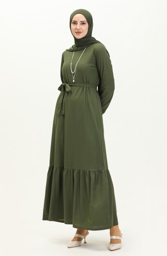 Gerafftes Kleid mit Gürtel und Halskette 1784-13 Dunkel-Khaki-Grün 1784-13
