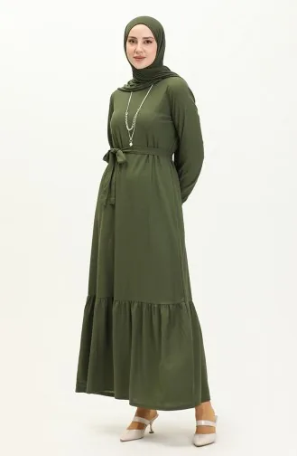 Gerafftes Kleid mit Gürtel und Halskette 1784-13 Dunkel-Khaki-Grün 1784-13