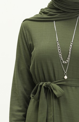 Shirred Belted Necklace Dress 1784-13 Dark Khaki Green 1784-13