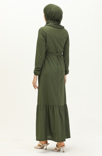 Gerafftes Kleid mit Gürtel und Halskette 1784-13 Dunkel-Khaki-Grün 1784-13