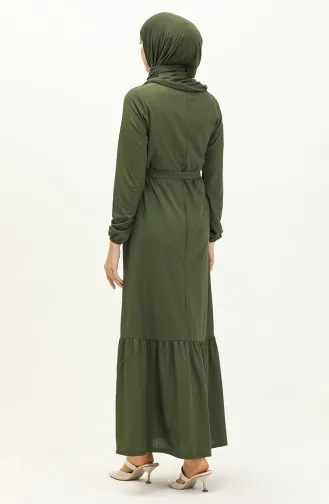 Gerafftes Kleid mit Gürtel und Halskette 1784-13 Dunkel-Khaki-Grün 1784-13