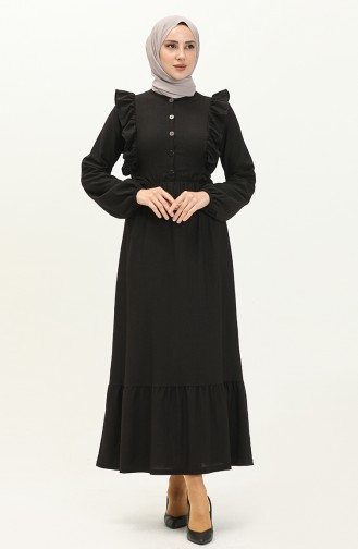 Fırfırlı Kuşaklı Elbise 11439-03 Siyah