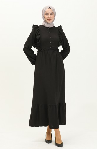 Fırfırlı Kuşaklı Elbise 11439-03 Siyah