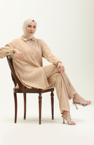 Piliseli Tunik Pantolon İkili Takım 9189-02 Bej