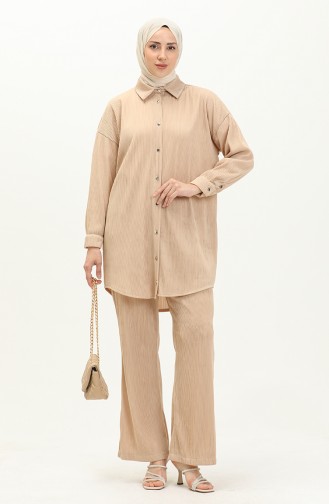 Piliseli Tunik Pantolon İkili Takım 9189-02 Bej