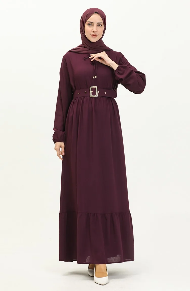 Robe Plissée à Ceinture en Viscose 2202-06 Pourpre 2202-06