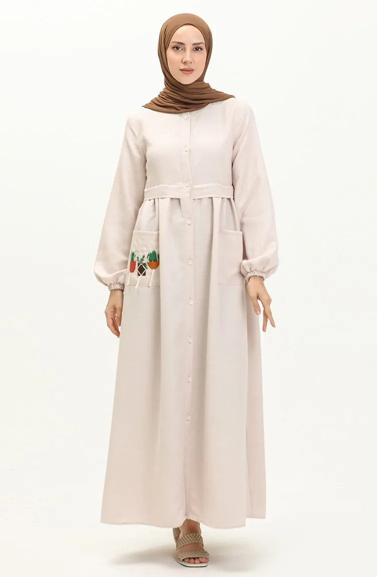 Kleid mit gesticktem Ausschnitt und Knopfleiste 24Y8948-08 Stein 24Y8948-08