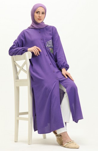 Lange Tunika aus Leinen mit Stickerei 24Y8971-06 Lila 24Y8971-06
