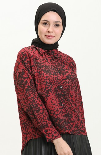 Terry Cotton Printed Asymmetric Shirt 60018A-02 Claret Red 60018A-02