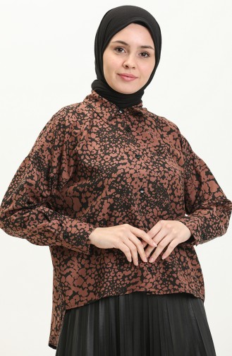 Terikoton Desenli Asimetrik Gömlek 60018A-05 Kahverengi