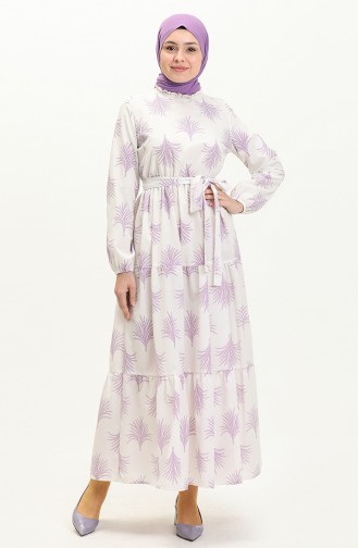 Gemustertes Kleid mit Gürtel 40153A-02 Ecru Flieder 40153A-02