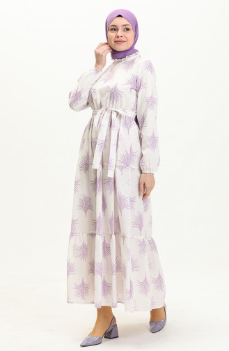 Gemustertes Kleid mit Gürtel 40153A-02 Ecru Flieder 40153A-02