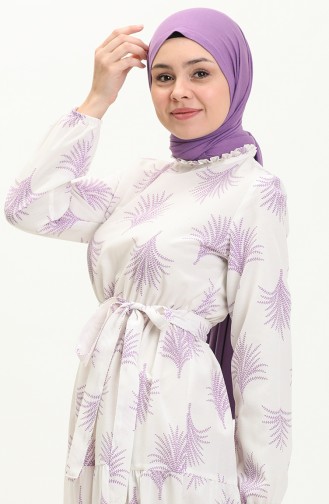 Gemustertes Kleid mit Gürtel 40153A-02 Ecru Flieder 40153A-02