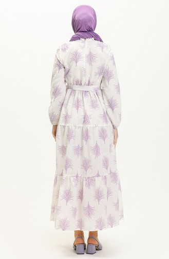 Gemustertes Kleid mit Gürtel 40153A-02 Ecru Flieder 40153A-02