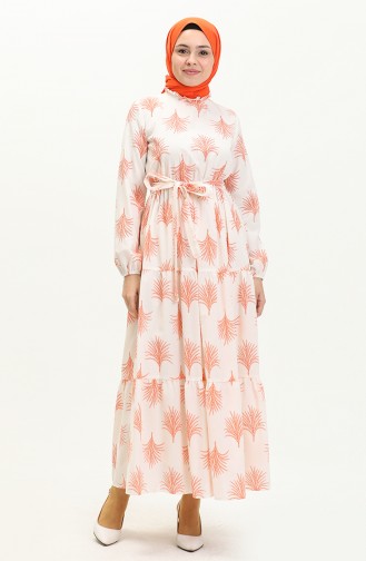 Terry Cotton Printed Belted Dress 40153A-03 Ecru Orange 40153A-03