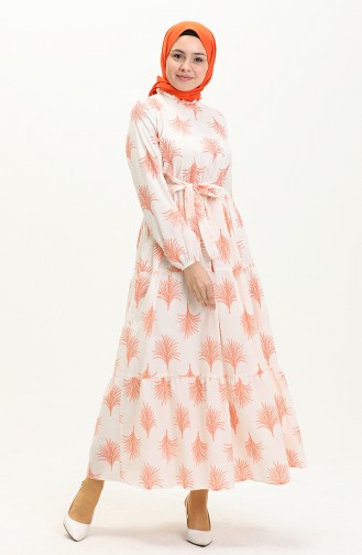 Terry Cotton Printed Belted Dress 40153A-03 Ecru Orange 40153A-03