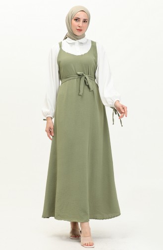 فستان بقميص من نسيج آيروبين 0001-02  أخضر عسكري أبيض 0001-02