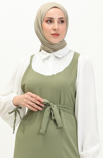 فستان بقميص من نسيج آيروبين 0001-02  أخضر عسكري أبيض 0001-02