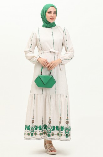 Printed Belted Linen Dress 0041-01 Ecru Green 0041-01