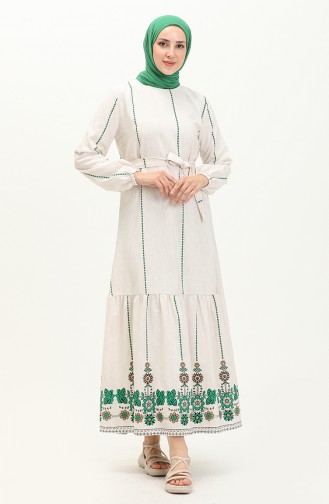 Printed Belted Linen Dress 0041-01 Ecru Green 0041-01