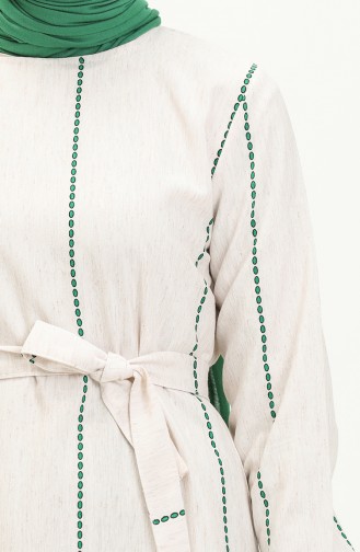 Printed Belted Linen Dress 0041-01 Ecru Green 0041-01