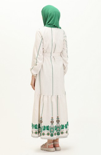 Printed Belted Linen Dress 0041-01 Ecru Green 0041-01