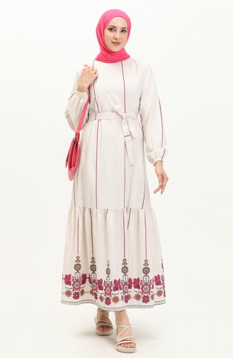 Printed Belted Linen Dress 0041-03 Ecru Fuchsia 0041-03
