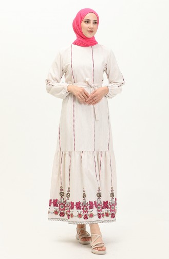 Printed Belted Linen Dress 0041-03 Ecru Fuchsia 0041-03