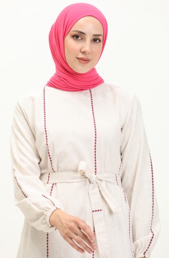 Printed Belted Linen Dress 0041-03 Ecru Fuchsia 0041-03
