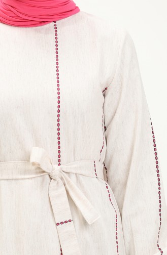 Printed Belted Linen Dress 0041-03 Ecru Fuchsia 0041-03
