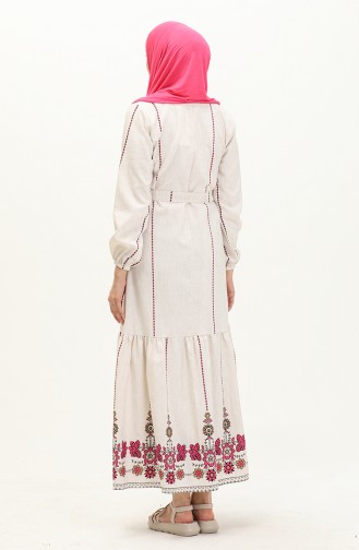 Printed Belted Linen Dress 0041-03 Ecru Fuchsia 0041-03