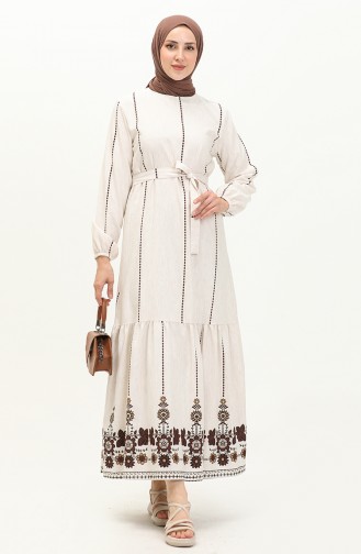 Gemustertes Leinenkleid mit Gürtel 0041-04 Ecru Braun 0041-04