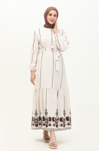 Gemustertes Leinenkleid mit Gürtel 0041-04 Ecru Braun 0041-04